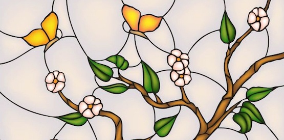 17901422 - japan cherry blossom with butterflies, vector stained glass window